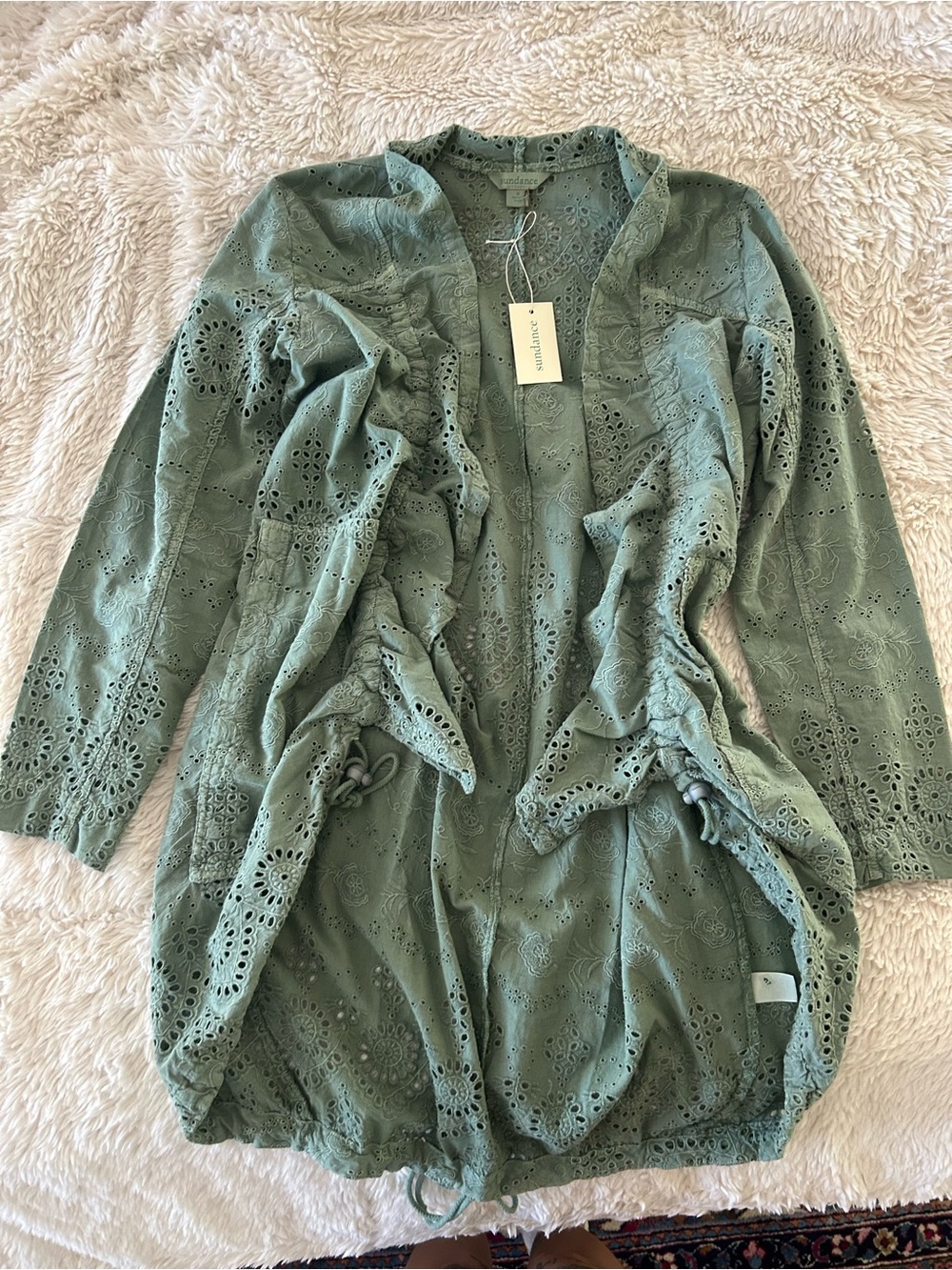 Sundance Green Eyelet Ruffled Cardigan Sweater
